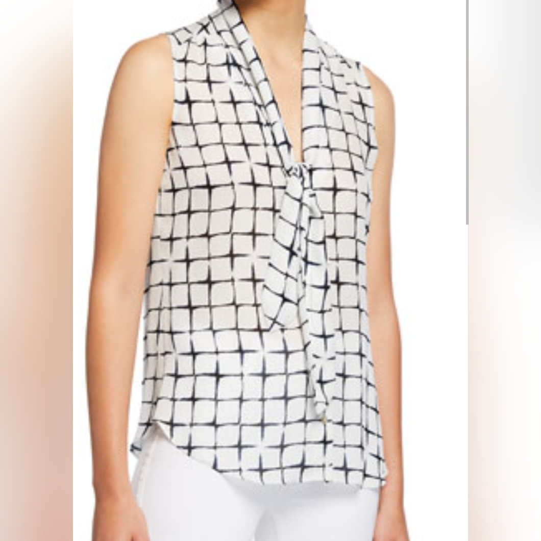 L'agence Natalia Necktie Sleeveless Tank White Black 100% Silk Size S